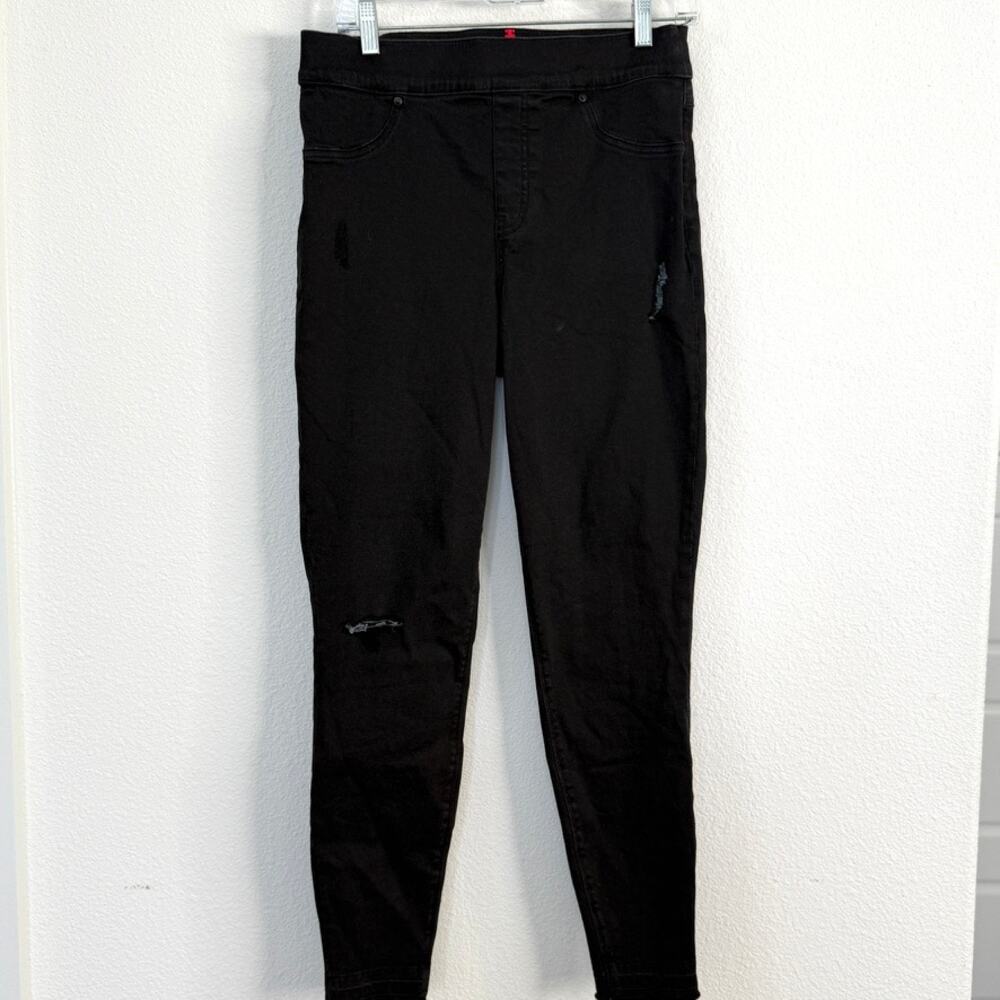 Spanx Distressed‎ Pull On Skinny Pants Black High Rise Ankle Jeggings L Stretch